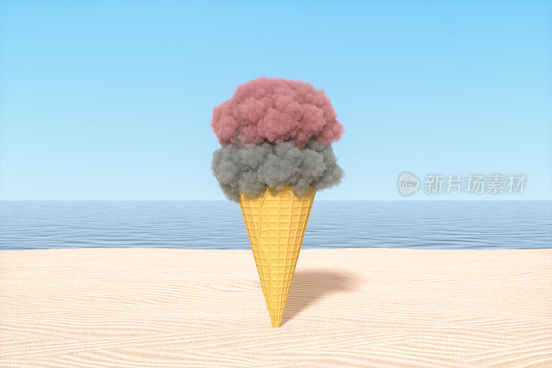 冰淇淋蛋筒与云在海滩上极简超现实的夏日背景