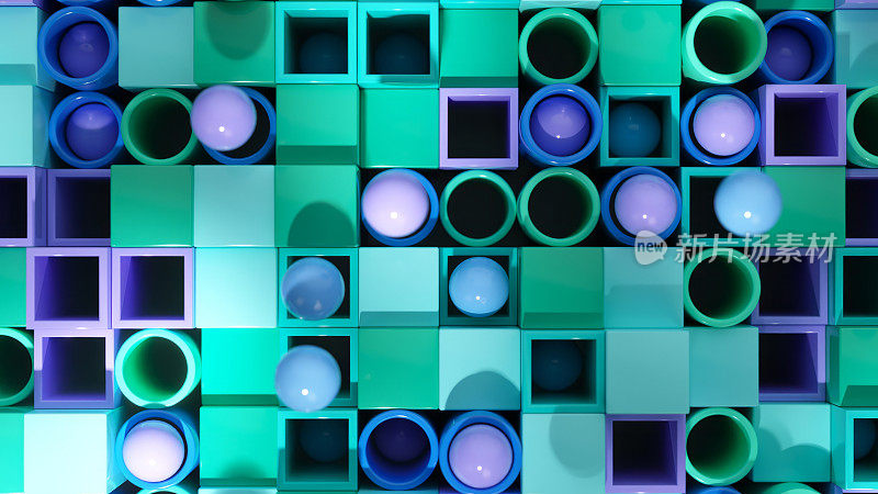 在这个宁静的3D构图中，冷色调的球体在青色和紫色立方体的马赛克上保持平衡。