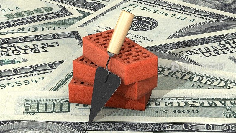 三维插图:三块红色硅酸盐砖堆在一起，用抹灰工具在美元钞票的背景上。商业隐喻概念:住宅规划建设。