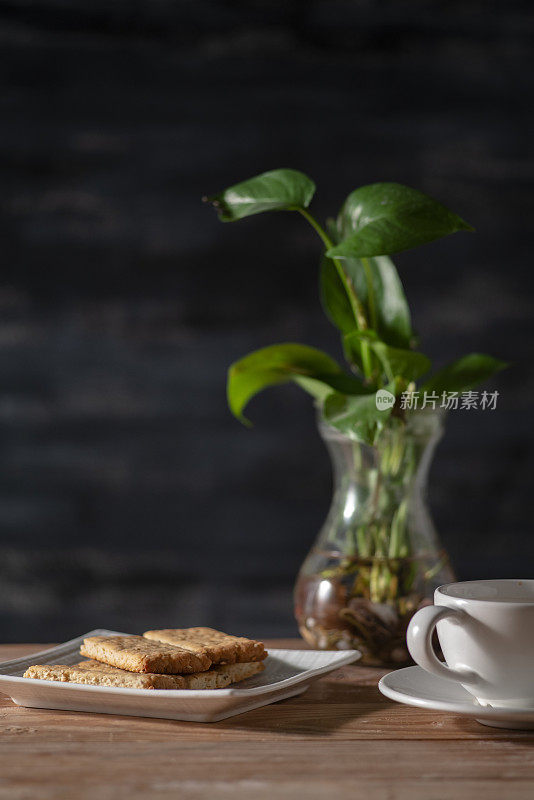 桌上放着水草、饼干和咖啡杯