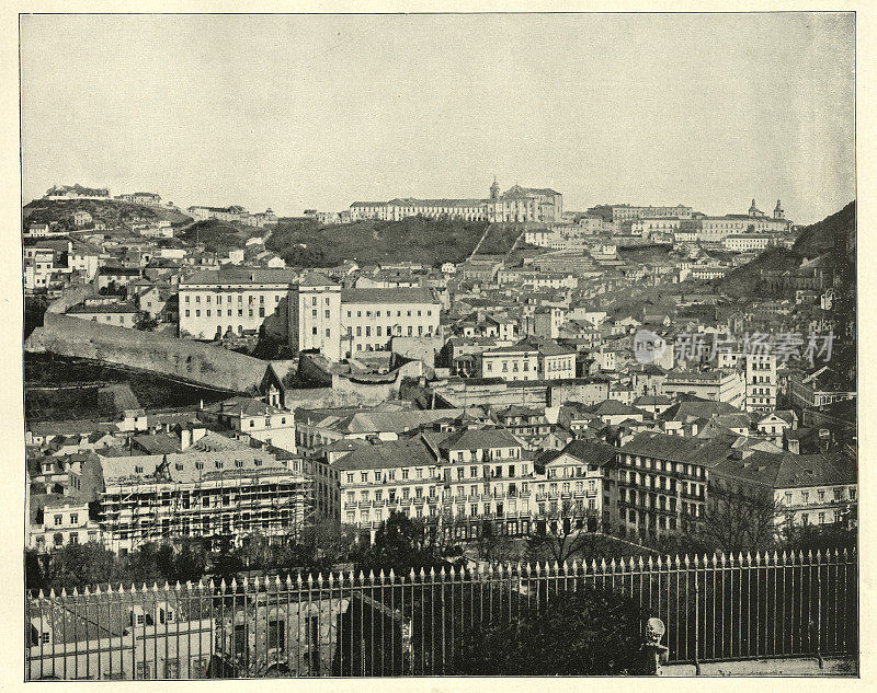 葡萄牙里斯本19世纪城市景观的复古照片