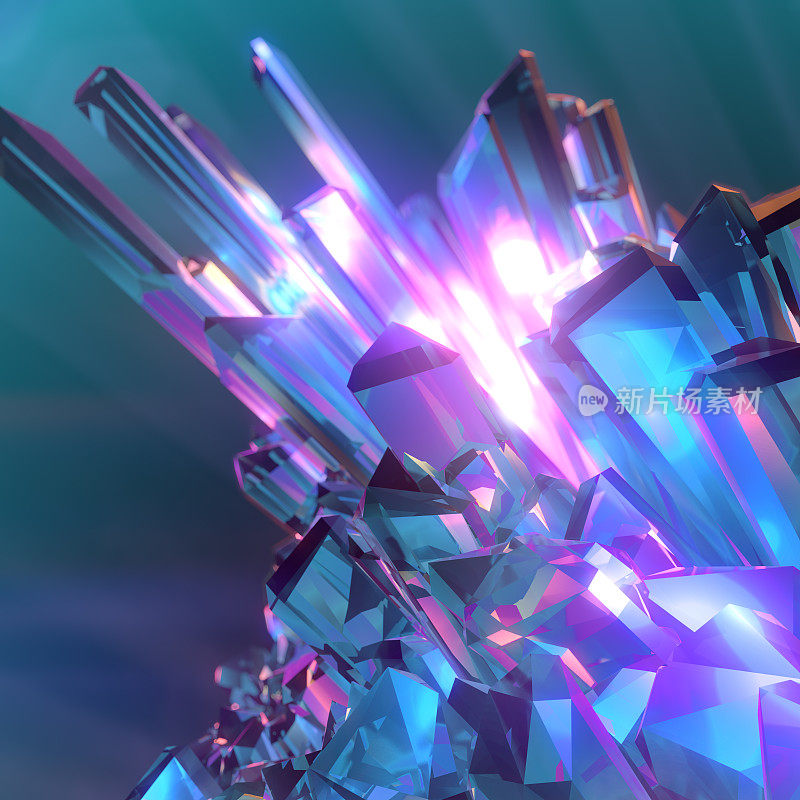 3d渲染数字插图与闪亮的晶体。光能在宝石中反射。豪华抽象背景