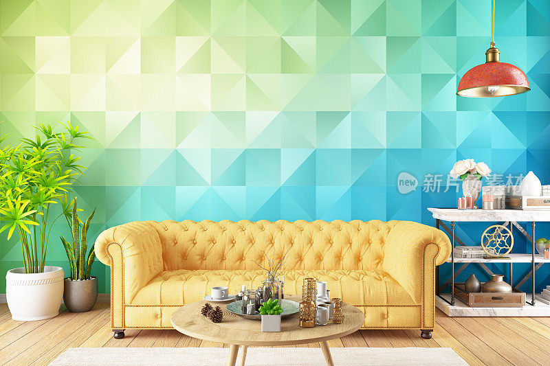 舒适的房间与彩色几何墙纸设计