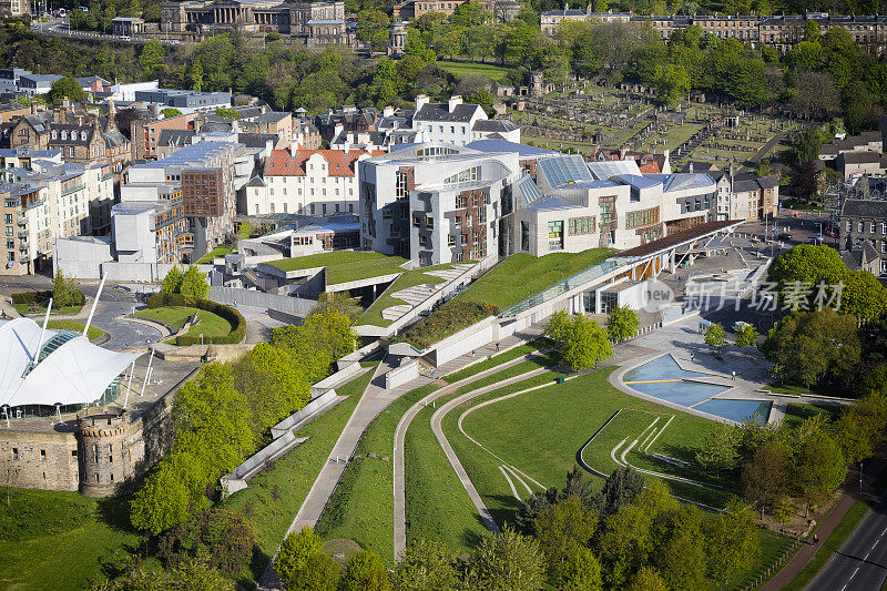 苏格兰议会大厦鸟瞰图，爱丁堡，苏格兰