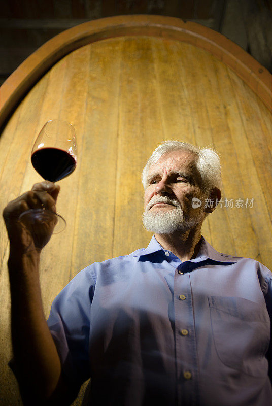 高级男酿酒师在酒窖品尝红酒