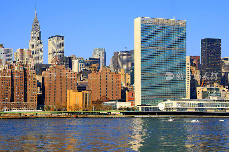 纽约全景，东河:联合国和克莱斯勒大楼