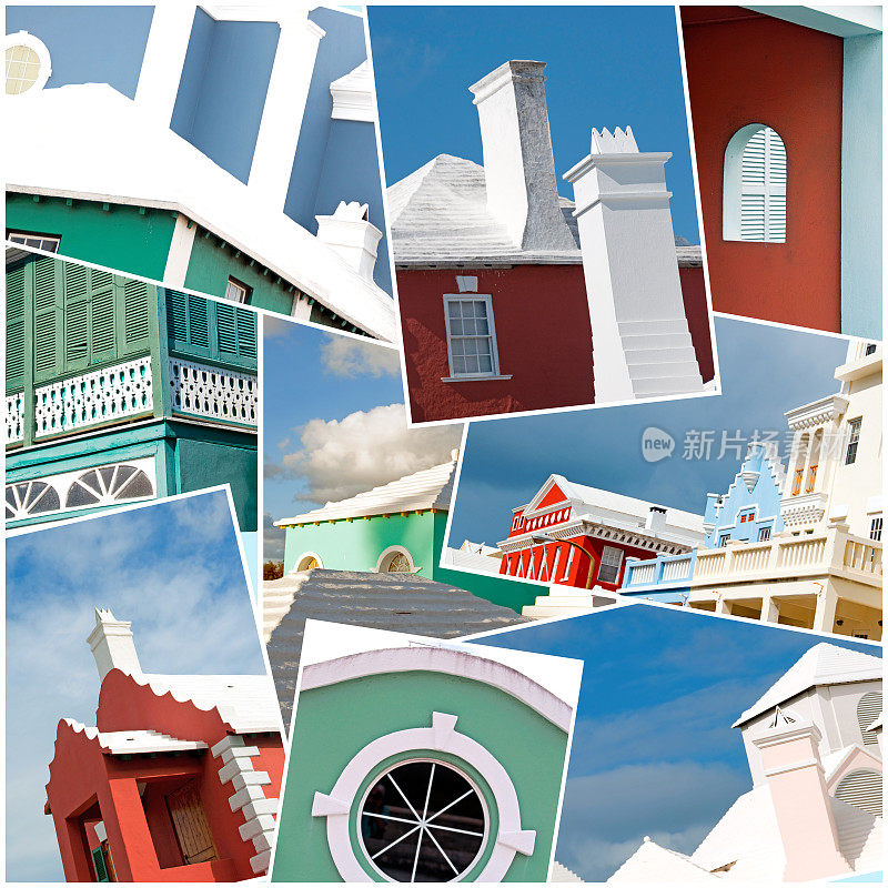 百慕大拼贴画-建筑物，五颜六色，烟囱，正面，屋顶，入口