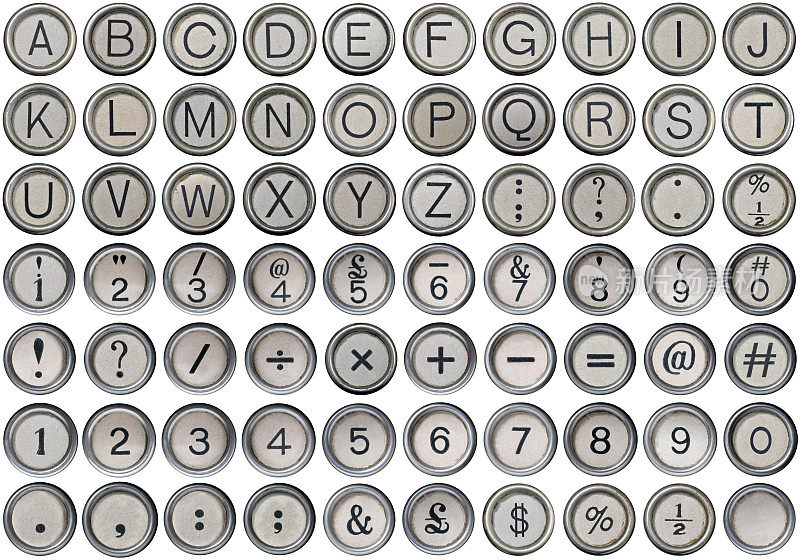 古董打字机字母表，数字和符号