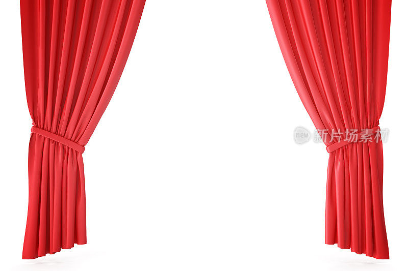 红色天鹅绒舞台窗帘，猩红色剧院窗帘。丝质古典窗帘，红色剧场窗帘。三维渲染