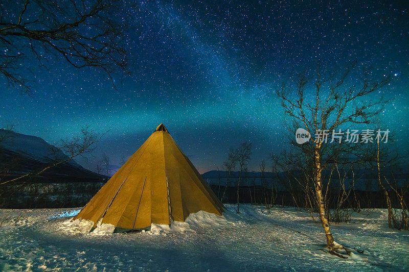 冬季景观与爱斯基摩帐篷和北极光。