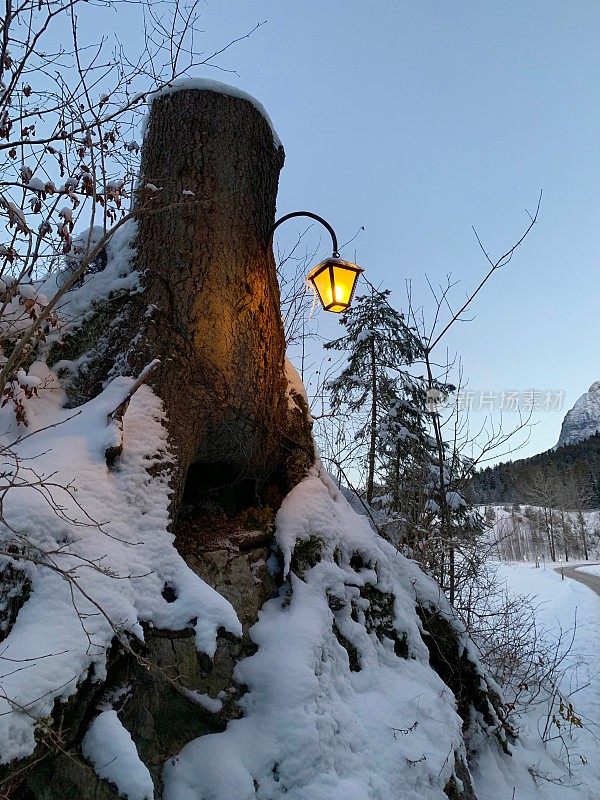 雪中照亮乡村街灯