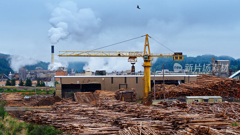 俄勒冈州的锯木厂与蒸汽造纸厂的背景