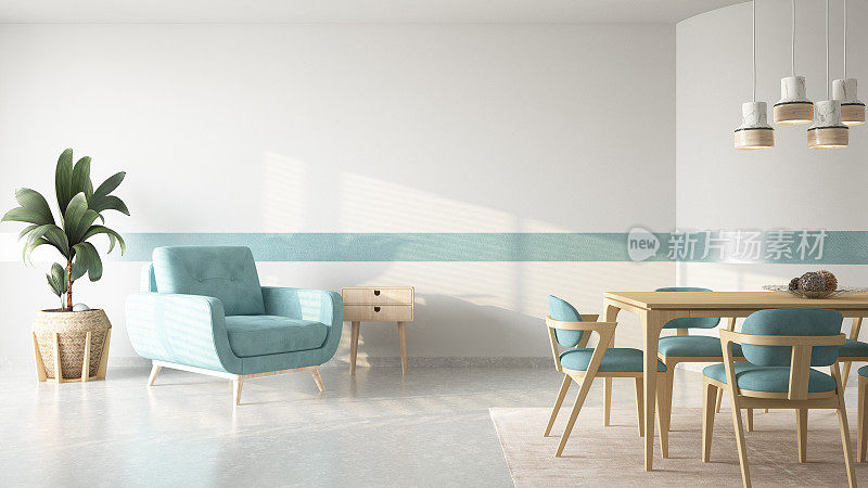 现代绿松石色的房间与餐桌和扶手椅