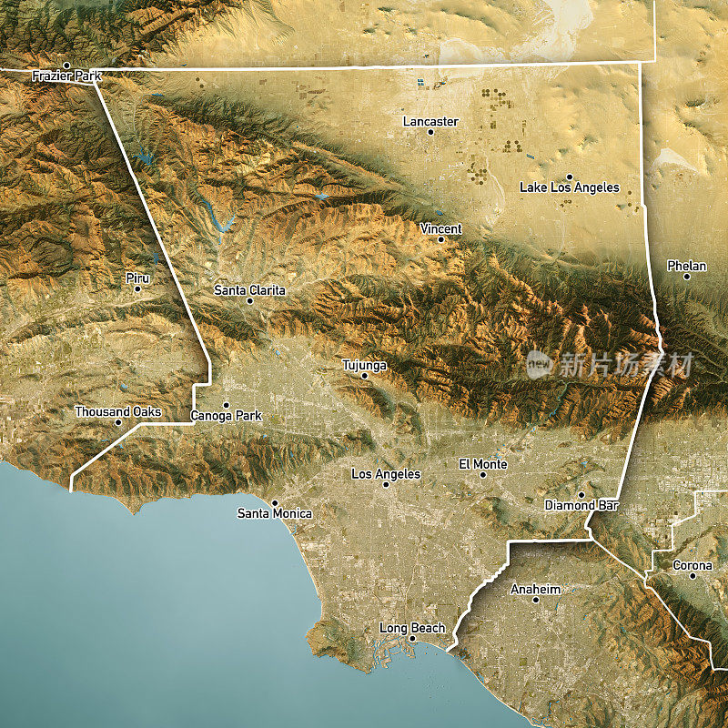 洛杉矶县地形图3D渲染卫星视图边境城市