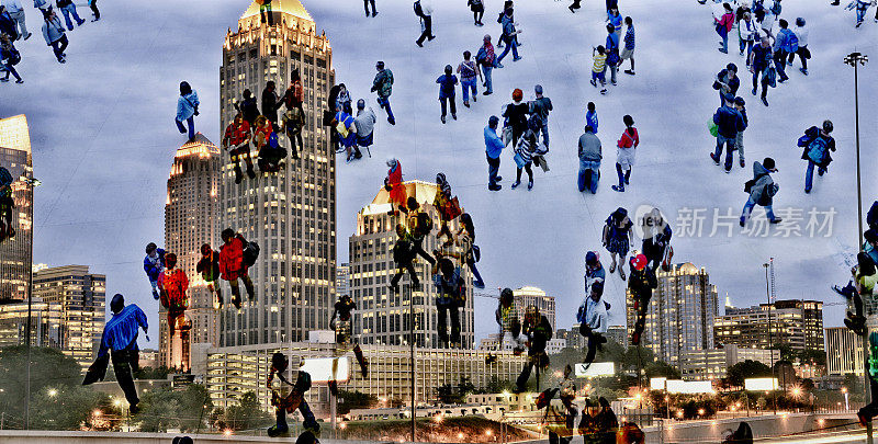 人们爬上摩天大楼的抽象形象。