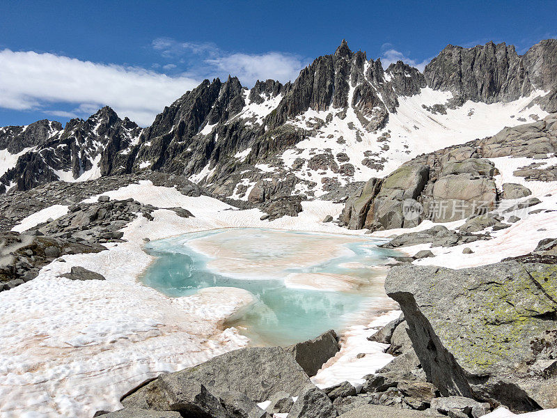 瑞士阿尔卑斯山的绿松石冰川湖