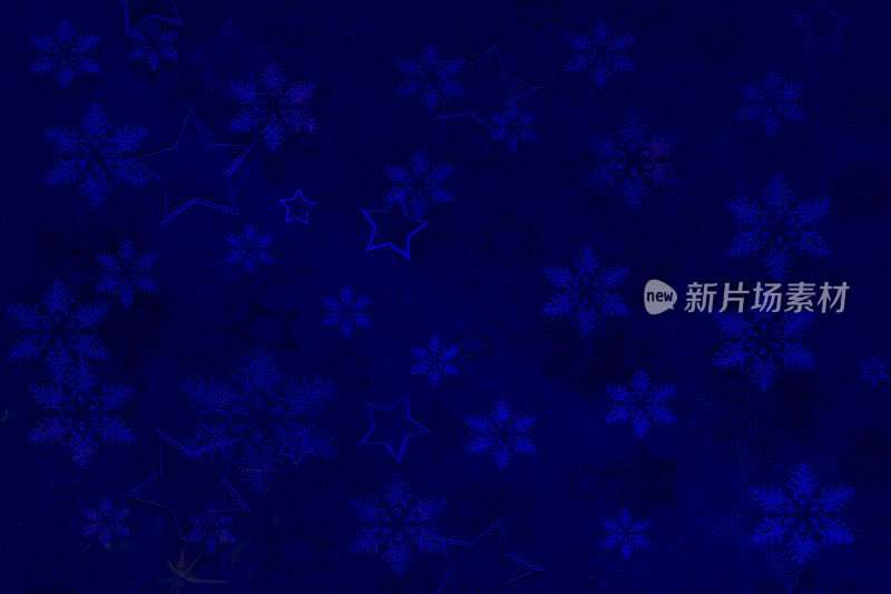 深蓝色的冬季抽象背景与星星形状和雪花。