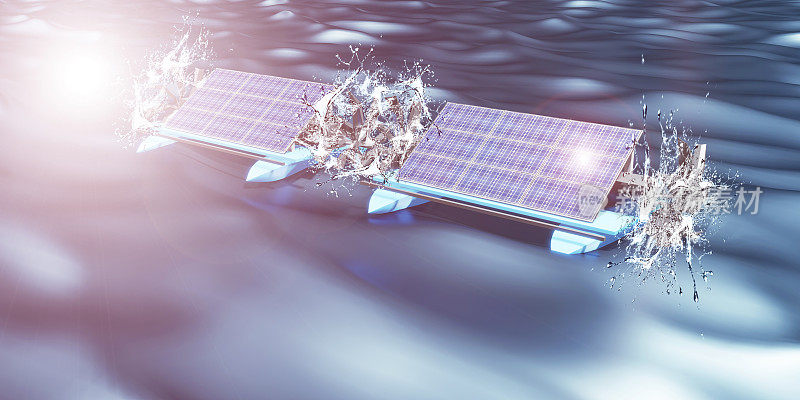 桨轮太阳能电池水轮机用于旋转水产养殖池塘的水创建气泡添加氧气3d渲染