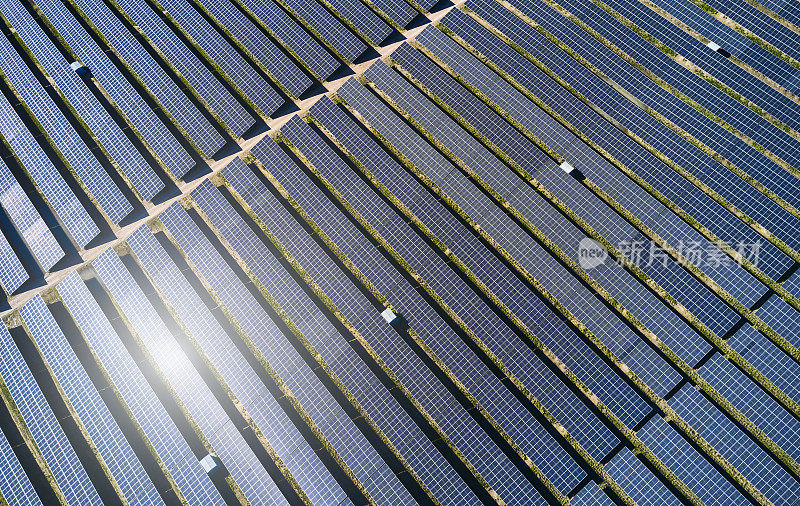 一排排太阳能电池板的鸟瞰图