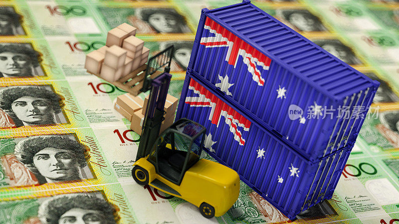 澳大利亚进出口贸易概念与澳大利亚国旗覆盖的集装箱和提货箱上的澳元纸币