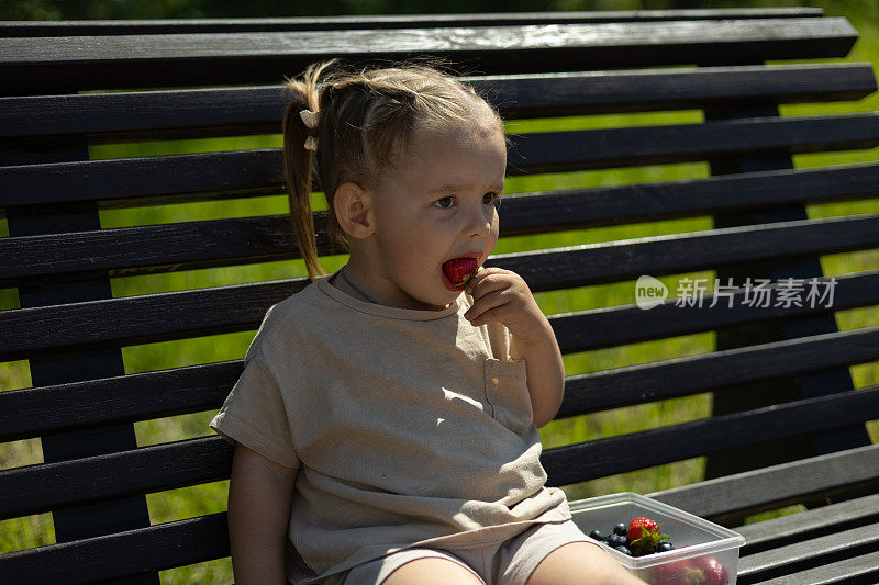 肖像。一个孩子坐在长凳上，吃着富含维生素的草莓。婴儿喜欢熟的、有香味的草莓。夏日里，一个孩子在长凳上休息，吃着健康的浆果。