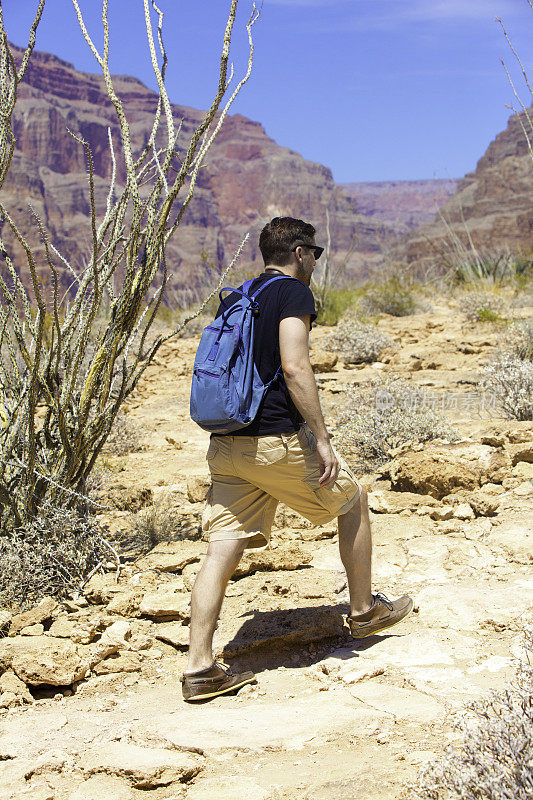 一名白人男子在拉斯维加斯周围的莫哈韦沙漠徒步旅行