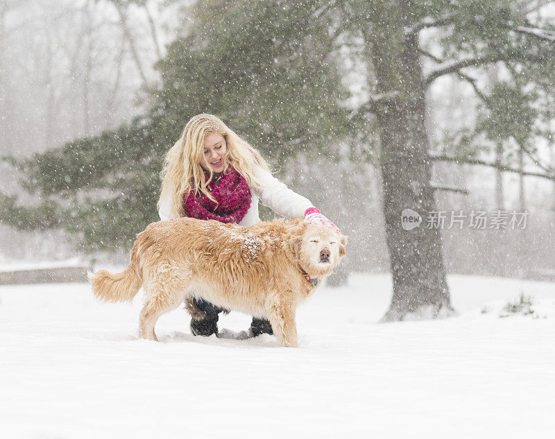 金发女孩在冬天抚摸着雪狗