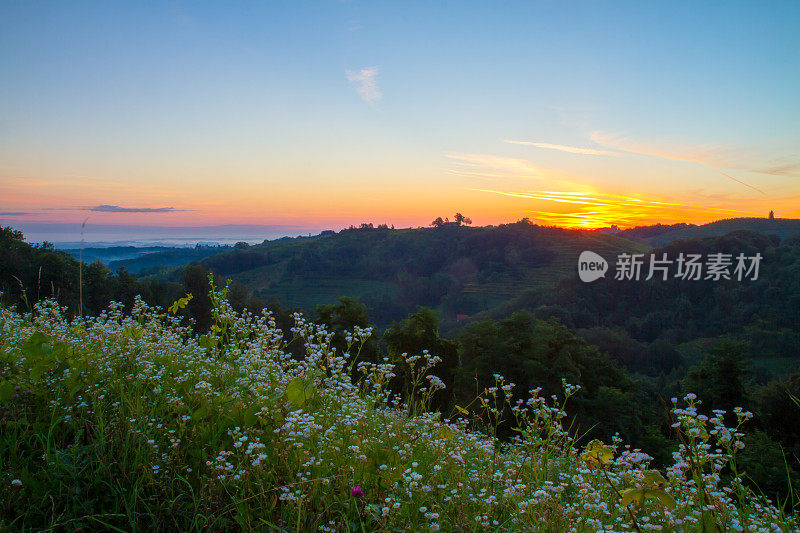 日出时的丘陵景观