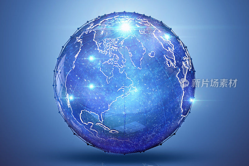 蓝色地球3D渲染与光镜头耀斑