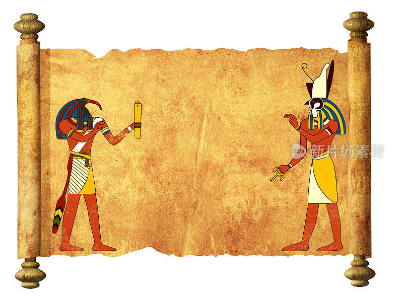 古羊皮纸上印着埃及神托特和荷鲁斯的图像