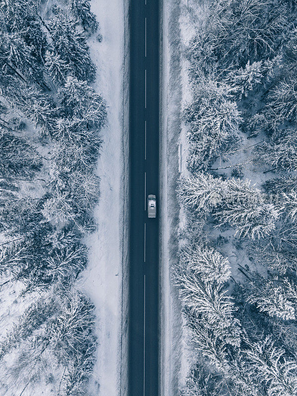 乡间小路穿过美丽的白雪覆盖的风景。鸟瞰图。