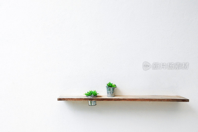 木质的架子和绿色的植物在白色的混凝土墙上。