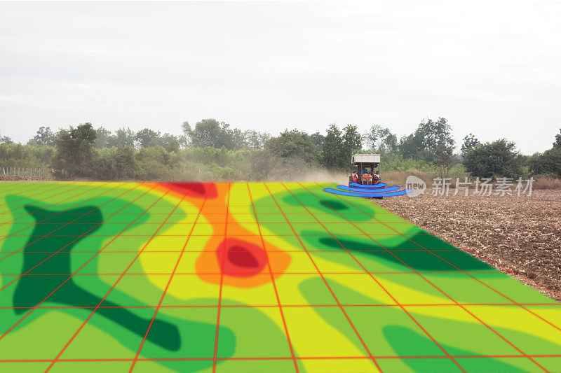 智能农业概念，农民在种植时使用红外在拖拉机上进行高清晰度土壤测绘，在耕作过程中进行深层土壤扫描，包括有机、ec、om、氮、种子率