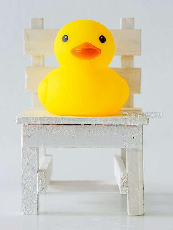 黄橡皮鸭坐在白色的脏木椅上，坐鸭概念。
