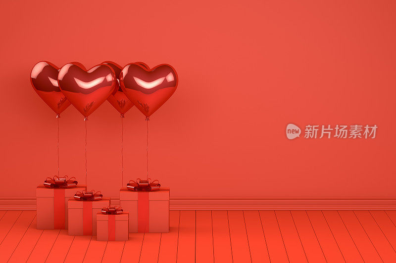 空荡荡的房间里有闪亮的红色气球和空墙的礼品盒。情人节的概念。