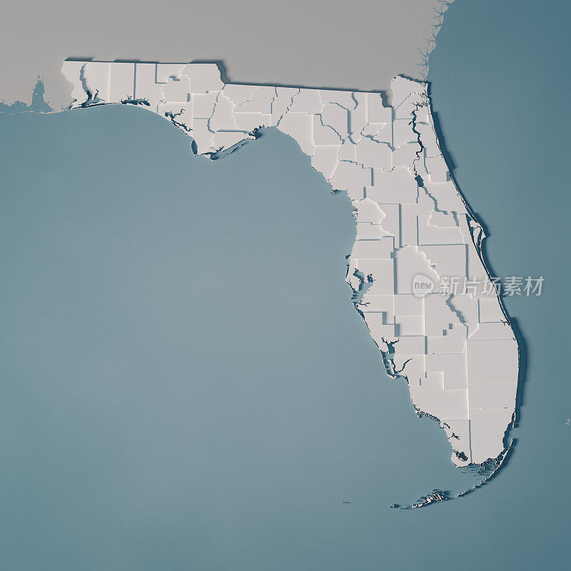 美国佛罗里达州地图行政区划县3D渲染