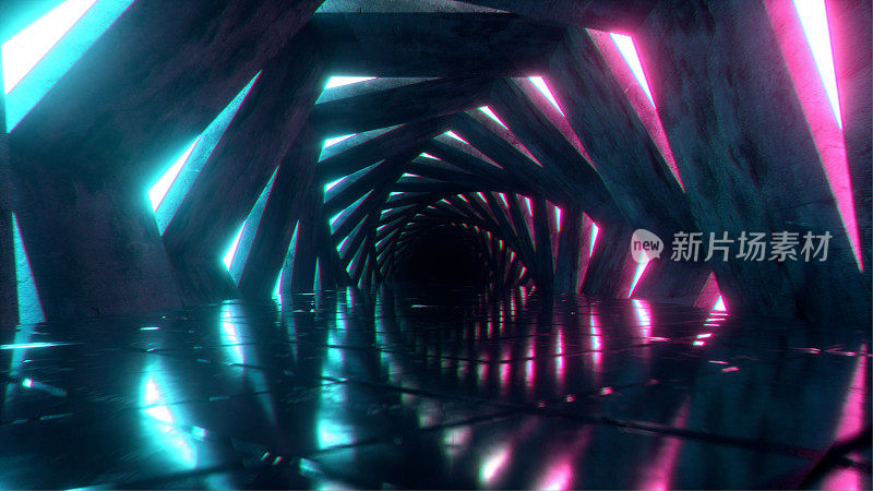 穿过霓虹闪烁的旋转六边形走廊。蓝、红、粉、紫光谱，隧道中的荧光紫外光，现代彩色照明，3d插图