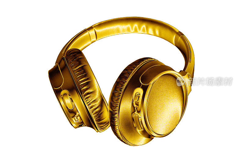 金色闪亮的无线耳机，白色背景隔离近距离，豪华的金色金属蓝牙耳机，现代高端wi-fi黄色耳机，音频音乐符号，立体声音响电子标志