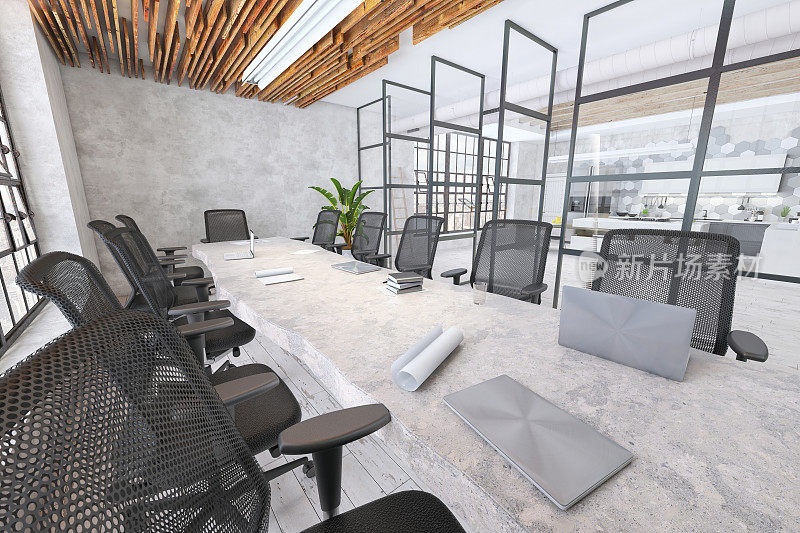现代化的会议室内饰有大办公桌和玻璃墙