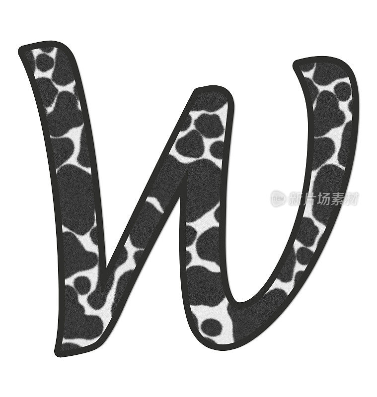 3D插图牛黑白印刷字母W，动物皮毛装饰字符W，公牛或公牛图案孤立在白色背景裁剪路径切。设计字体野生动物safari概念。