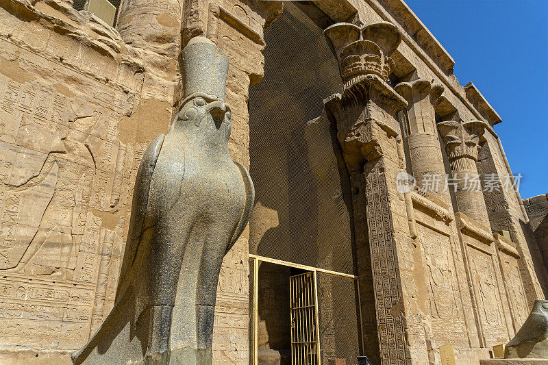 古代荷鲁斯雕像和浮雕的Edfu寺在Edfu。埃及