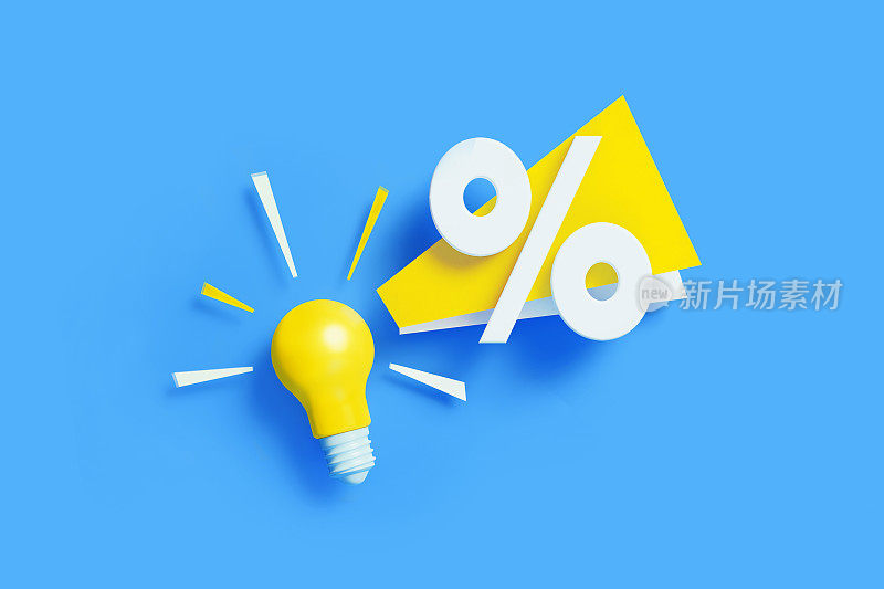 创意和想法概念-灯泡与白色百分比标志坐在蓝色背景