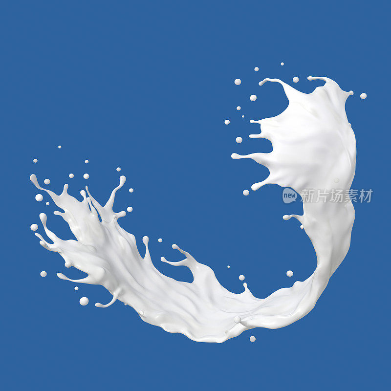 扭曲的牛奶或酸奶飞溅孤立的蓝色背景，3d渲染，剪切路径
