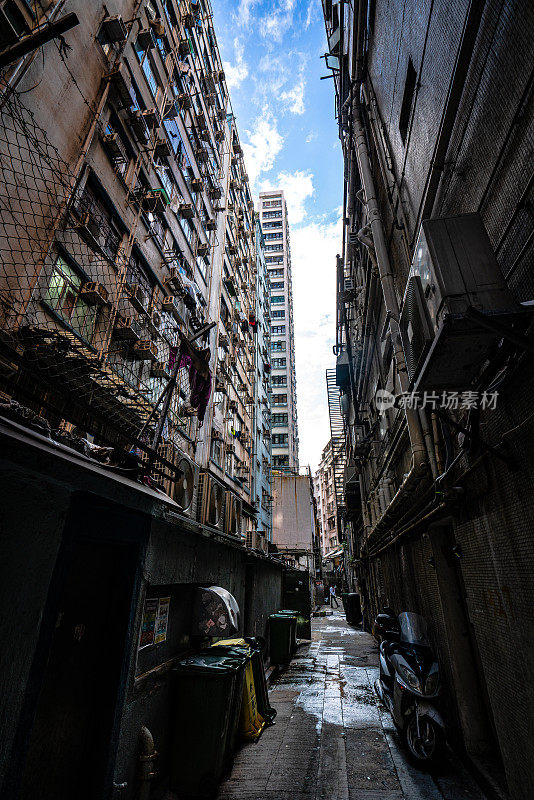 香港九龙城住宅区公寓之间的后巷