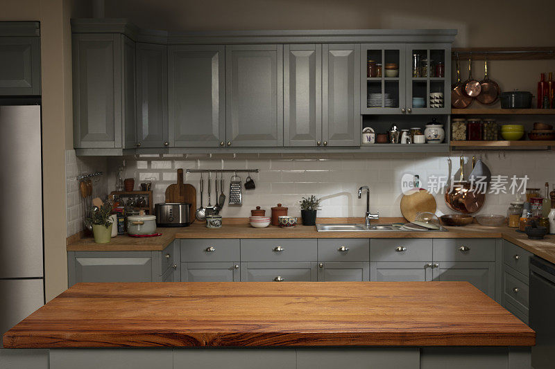 灰色现代厨房与宽阔的工作台面电器