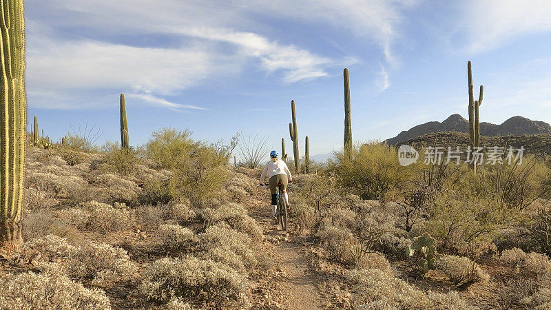 在沙漠中，女山地自行车手沿着小路前行