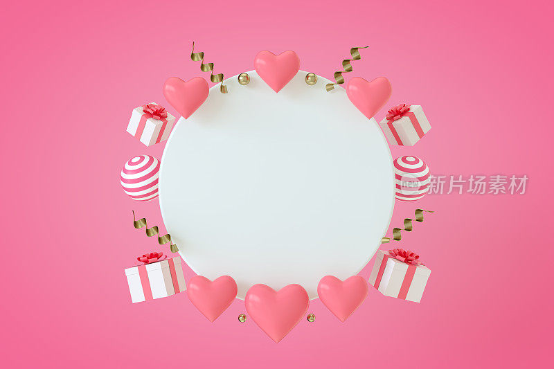 空框架与飞行的情人节饰品心形礼盒在粉红色的背景