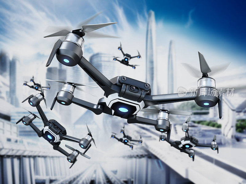 一群无人机在未来城市背景下飞行