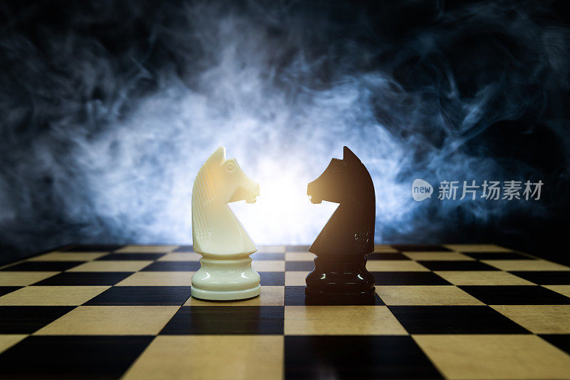 两个国际象棋骑士在黑色背景的雾中