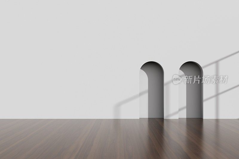 拱形墙面设计，木质强化地板的白色空房间3D效果图，阳光投射在墙上的阴影。